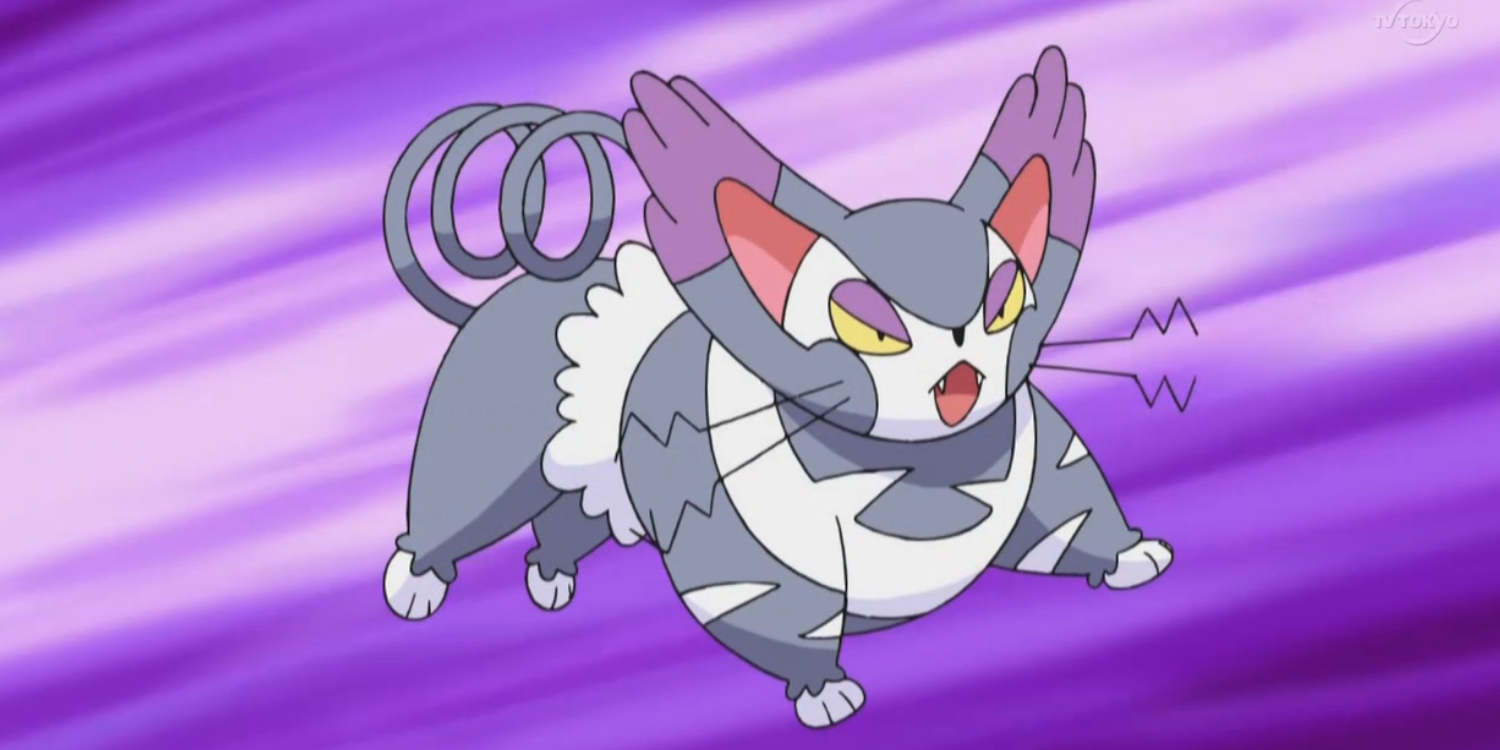 Purugly jumping into battle in the Pokémon anime