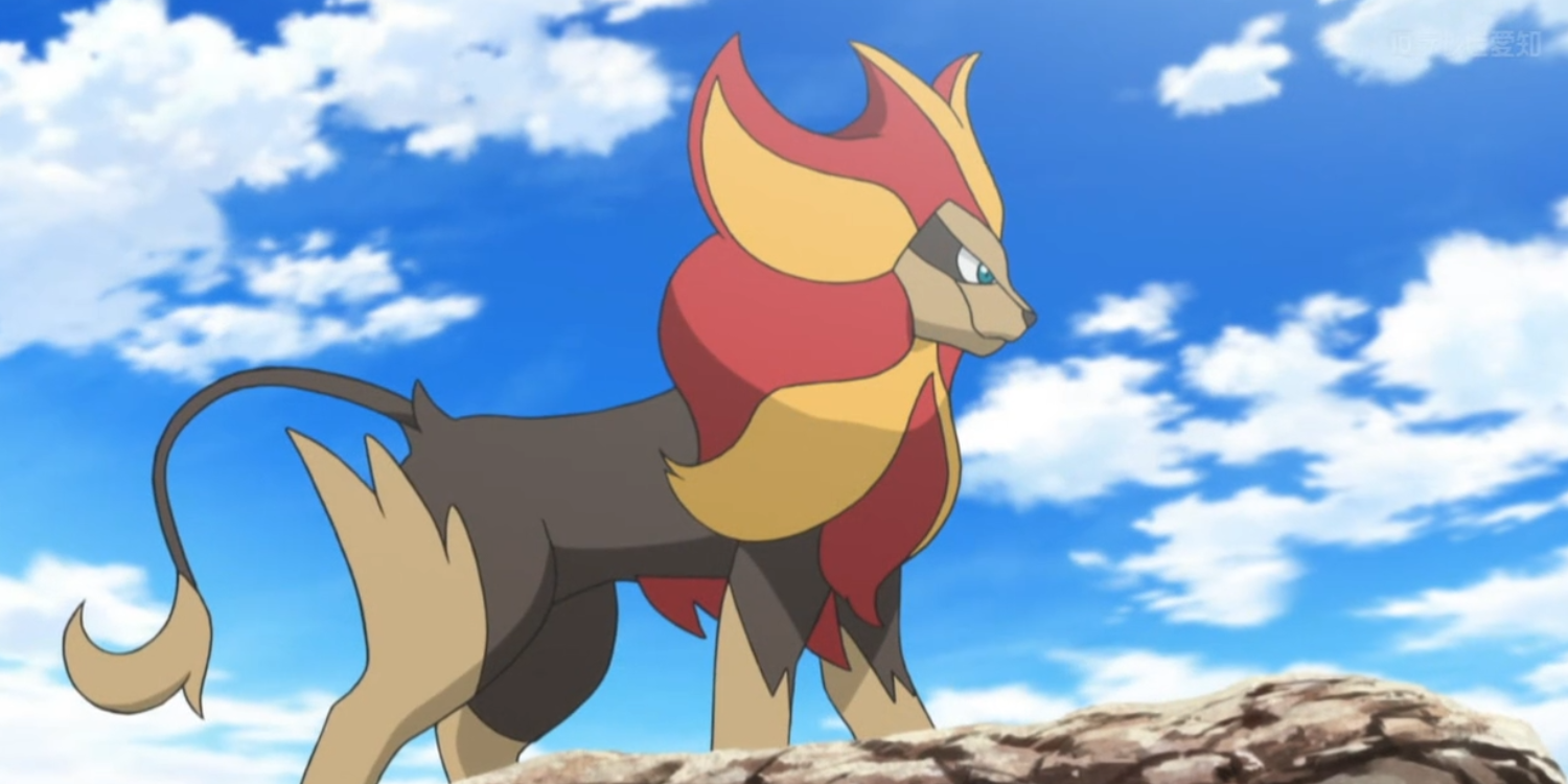 Pyroar stands on a cliff with blue sky behind it in the Pokemon anime