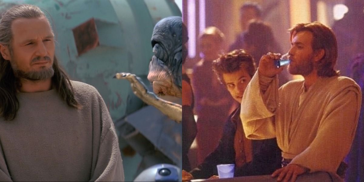 Qui-Gon Jinn (Liam Neeson) haggling with Watto in Star Wars: Episode I- The Phantom Menace and Obi-Wan Kenobi (Ewan McGregor) having a drink in Star Wars: Episode II- Attack of the Clones.