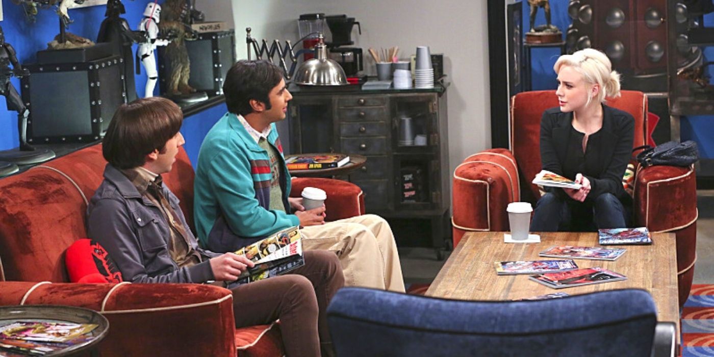 raj and howard sit with claire in the comic book store on the big bang theory