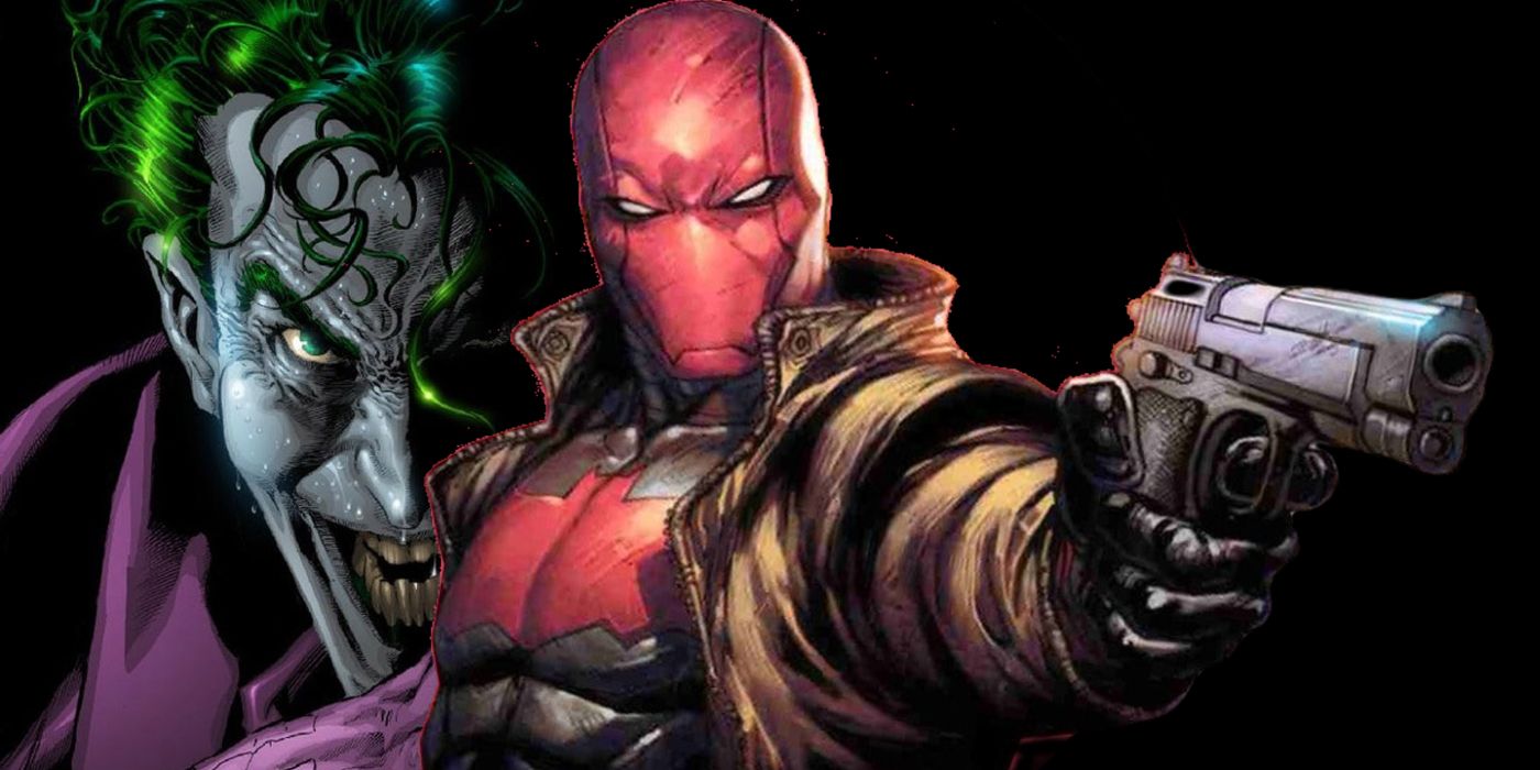 Feature Image: Red Hood pointing his gun and Joker behind him being creepy.