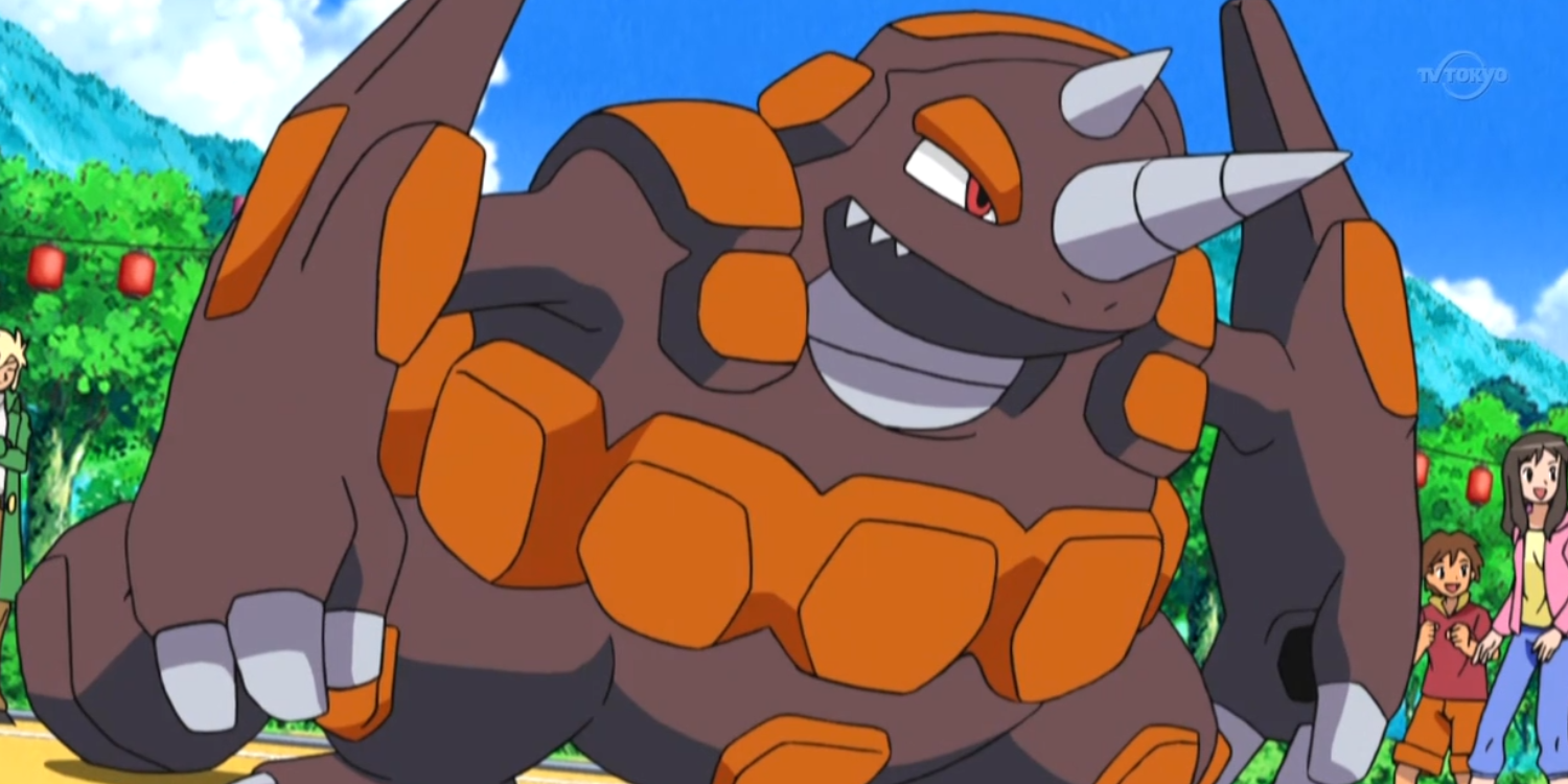 Rhyperior prepares to attack from the Pokémon series.