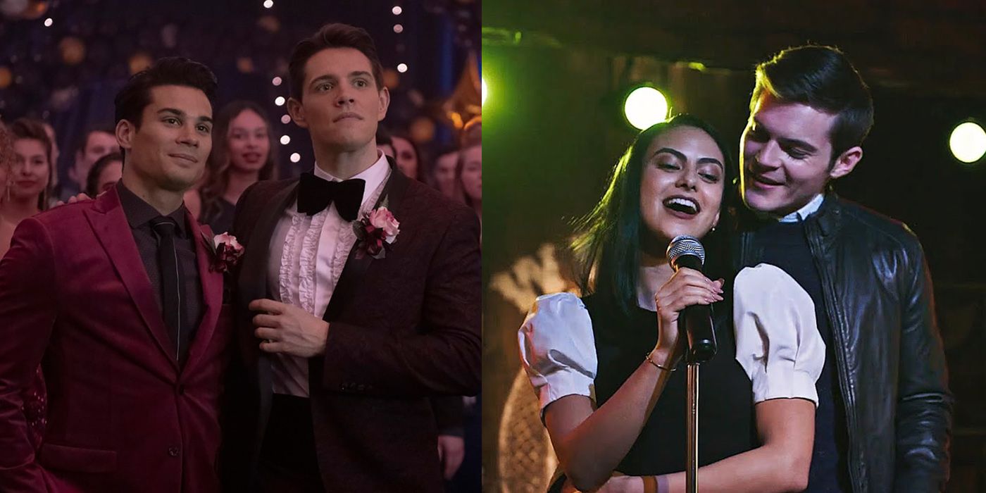 Split image of two couples from Riverdale: Fangs and Kevin at prom and Veronica and Chad singing together