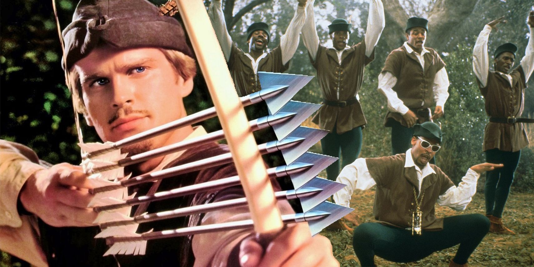 Split image of Robin Hood pointing his arrow and the Merry Men singing
