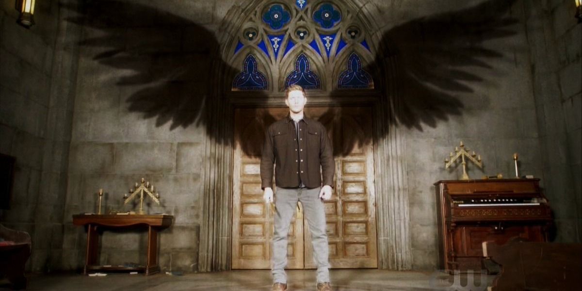 Dean with shadows of angel's wings in Supernatural