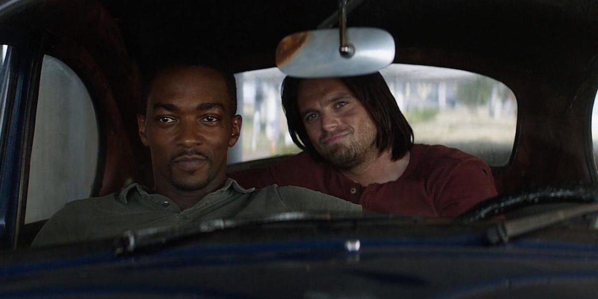 Sam and Bucky smiling in the car in Civil War