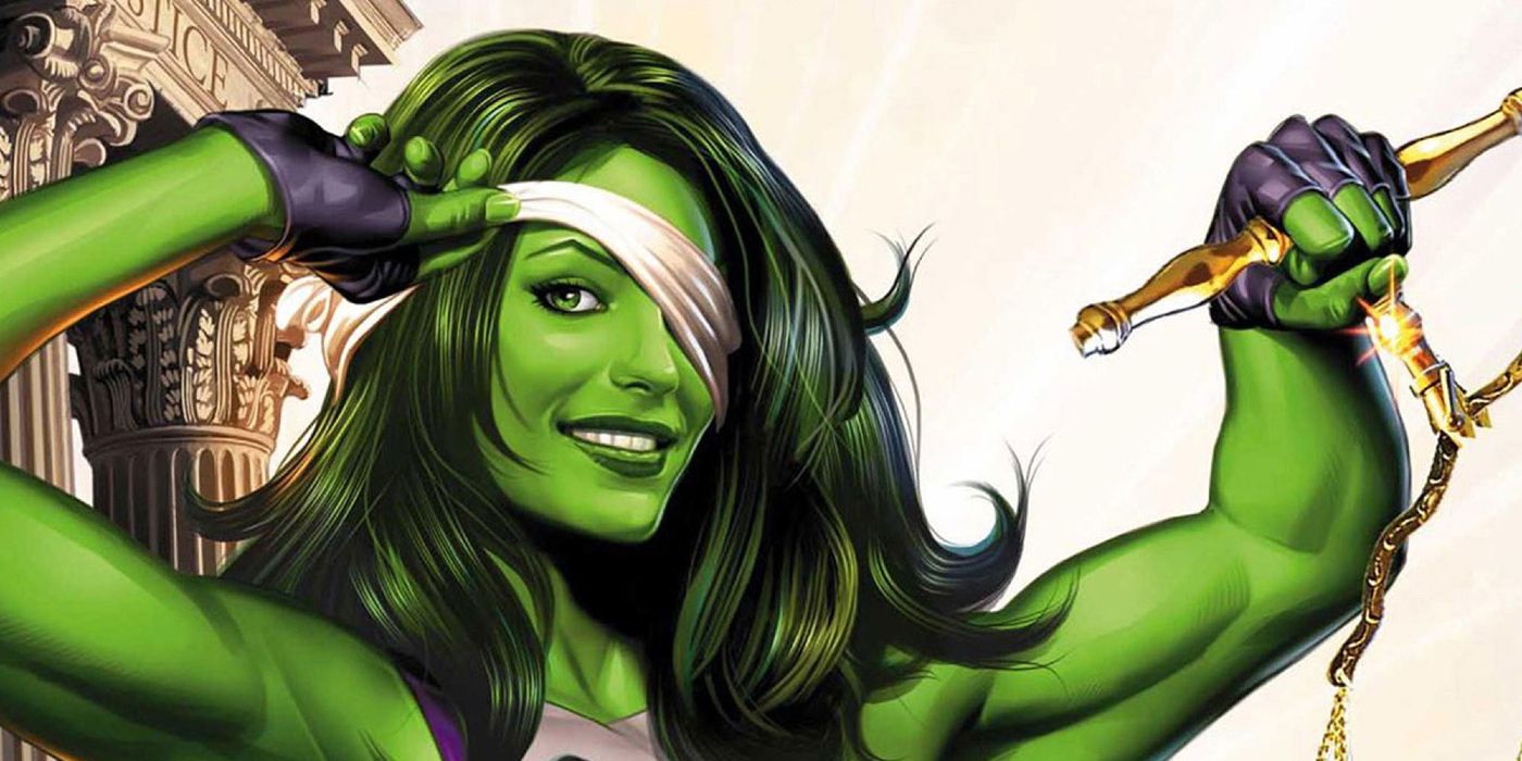 She-Hulk smiling while holding a balance in the Marvel comics