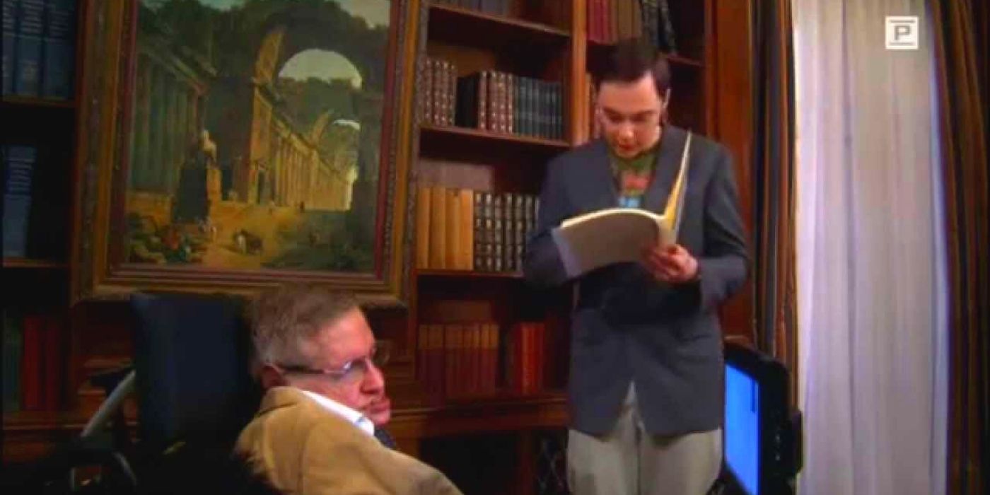 Sheldon and Stephen Hawking in an office discussing Sheldon's paper on TBBT