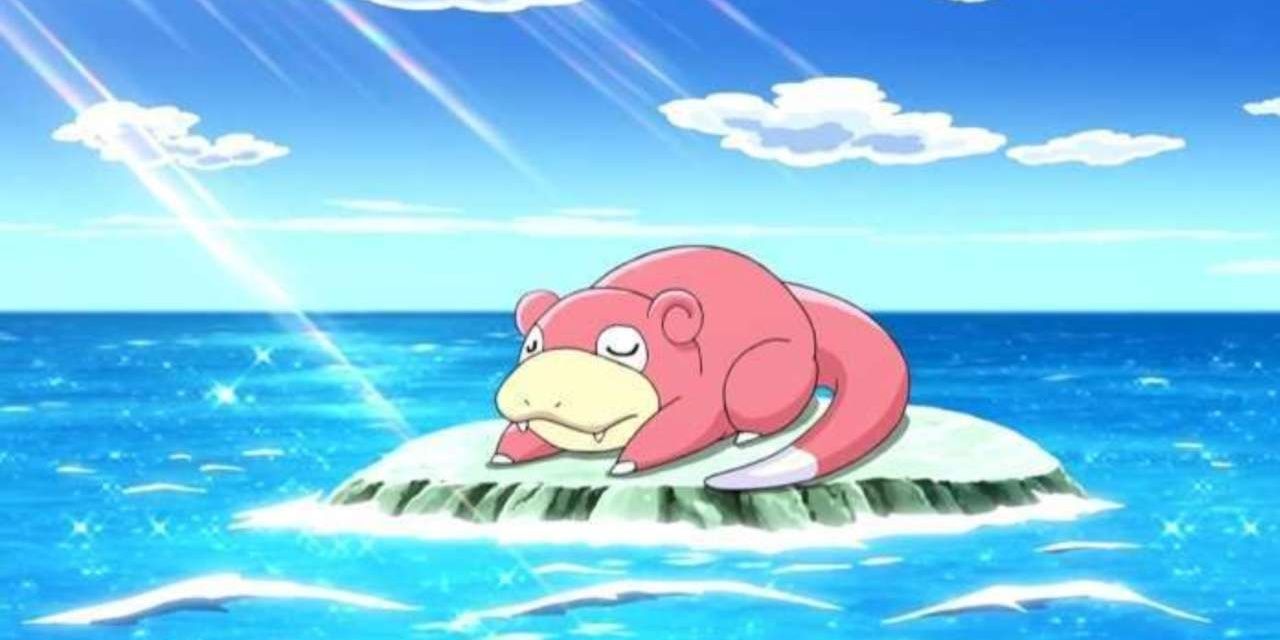Slowpoke resting on a rock in the ocean in the Pokemon anime series