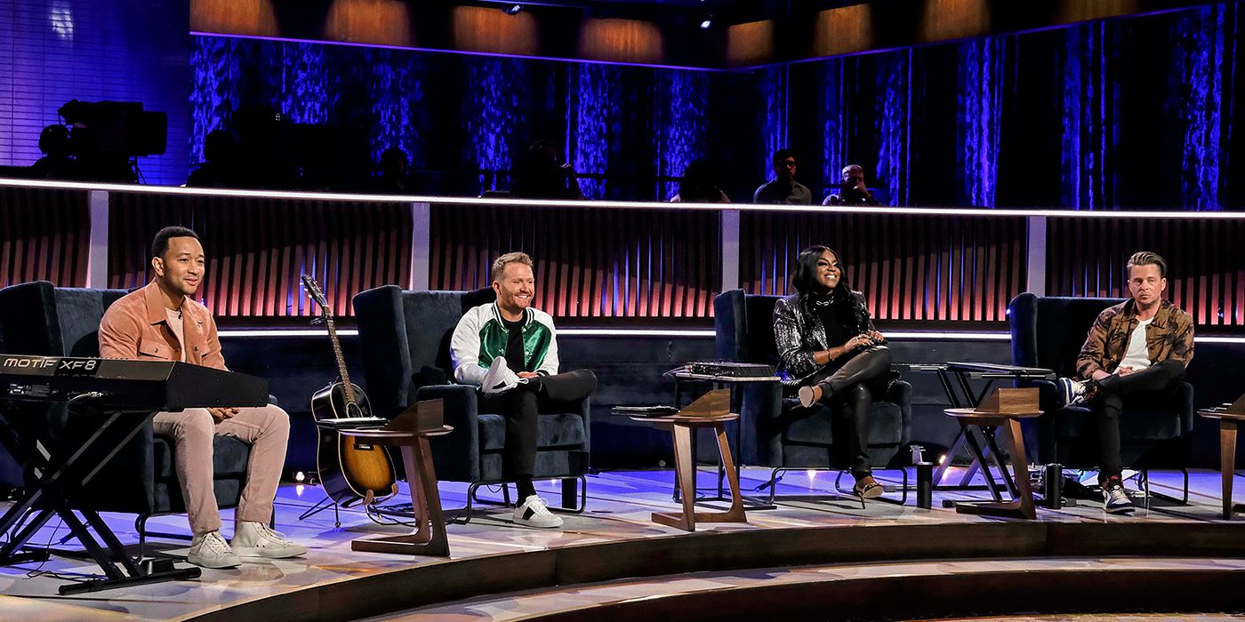 Judges from the reality singing competition series Songland sitting in their chairs, including John Legend and Ryan Tedder