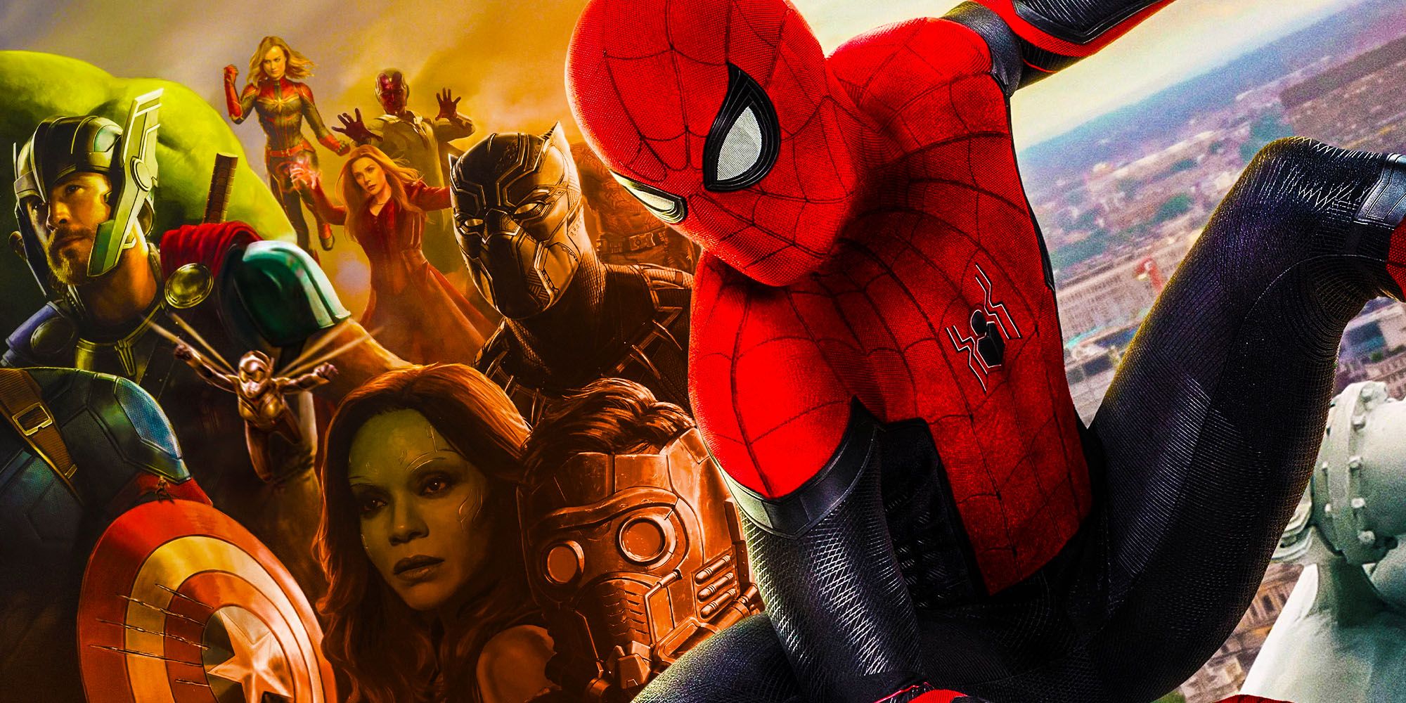 Человек-паук и все члены Мстителей в разделенном изображении
