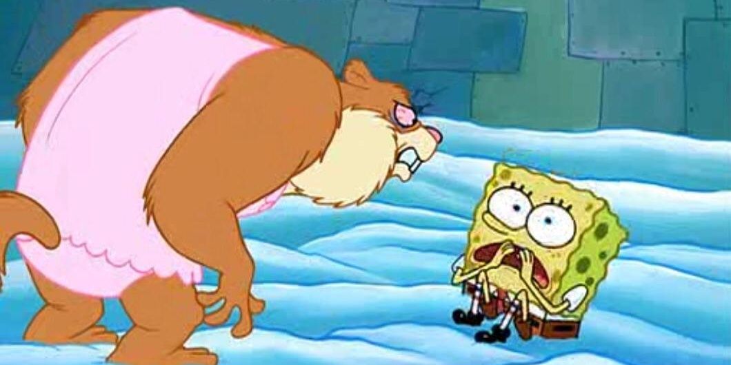 Sandy attacking SpongeBob during her hibernation period 