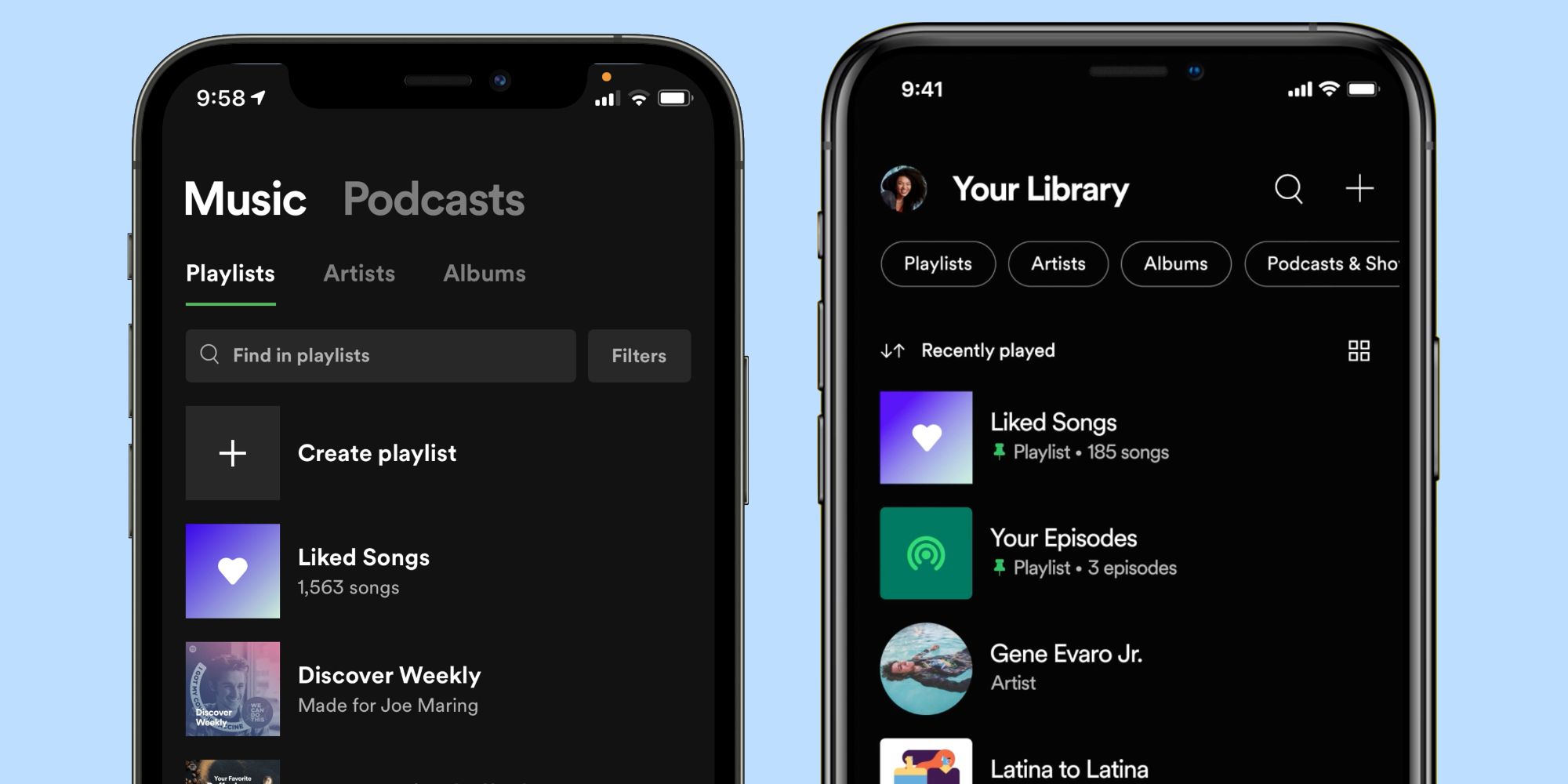 Old and new versions of Spotify Your Library page