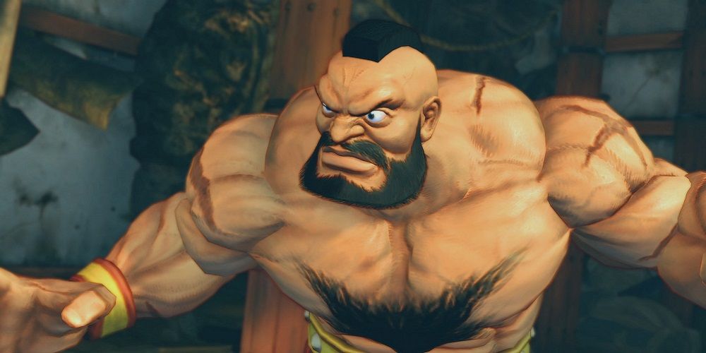 Zangief crouches for battle in Street Fighter