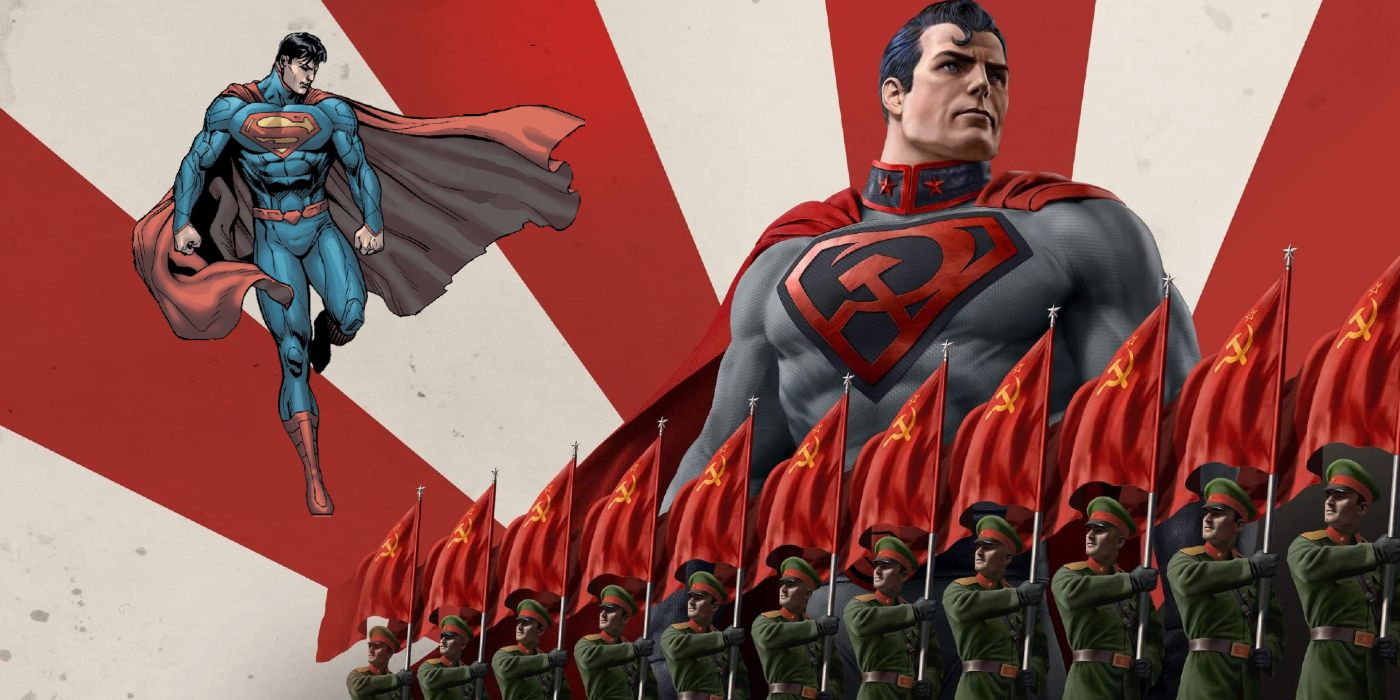 Superman clássico retratado ao lado de Red Son Superman com tropas abaixo