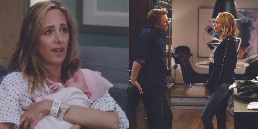 A split image of Teddy holding Allison and arguing with Owen