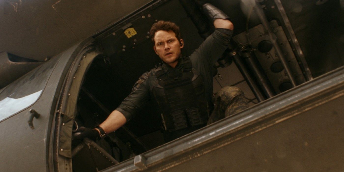 Chris Pratt looks out of a helicopter in The Tomorrow War