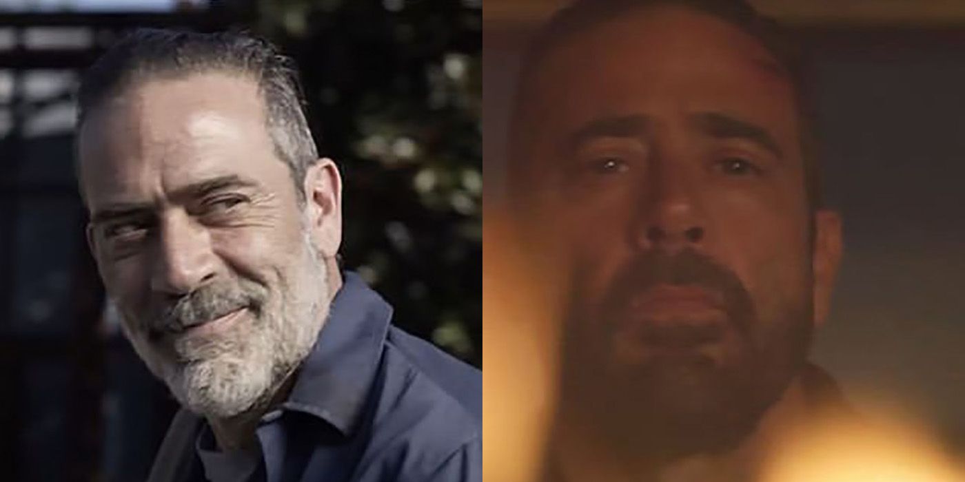 Split image of Negan smiling on the left and standing with fire in front of him on the right