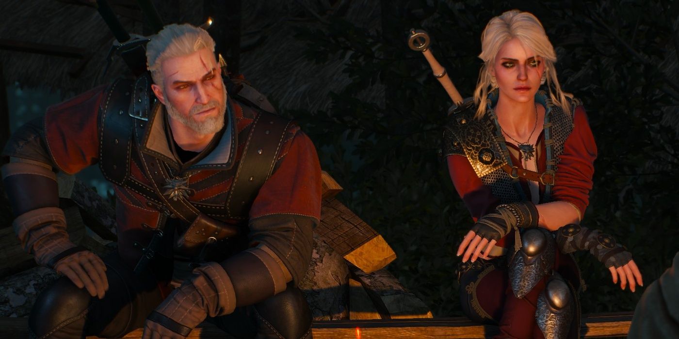 Geralt and Ciri sit next to each other in The Witcher 3