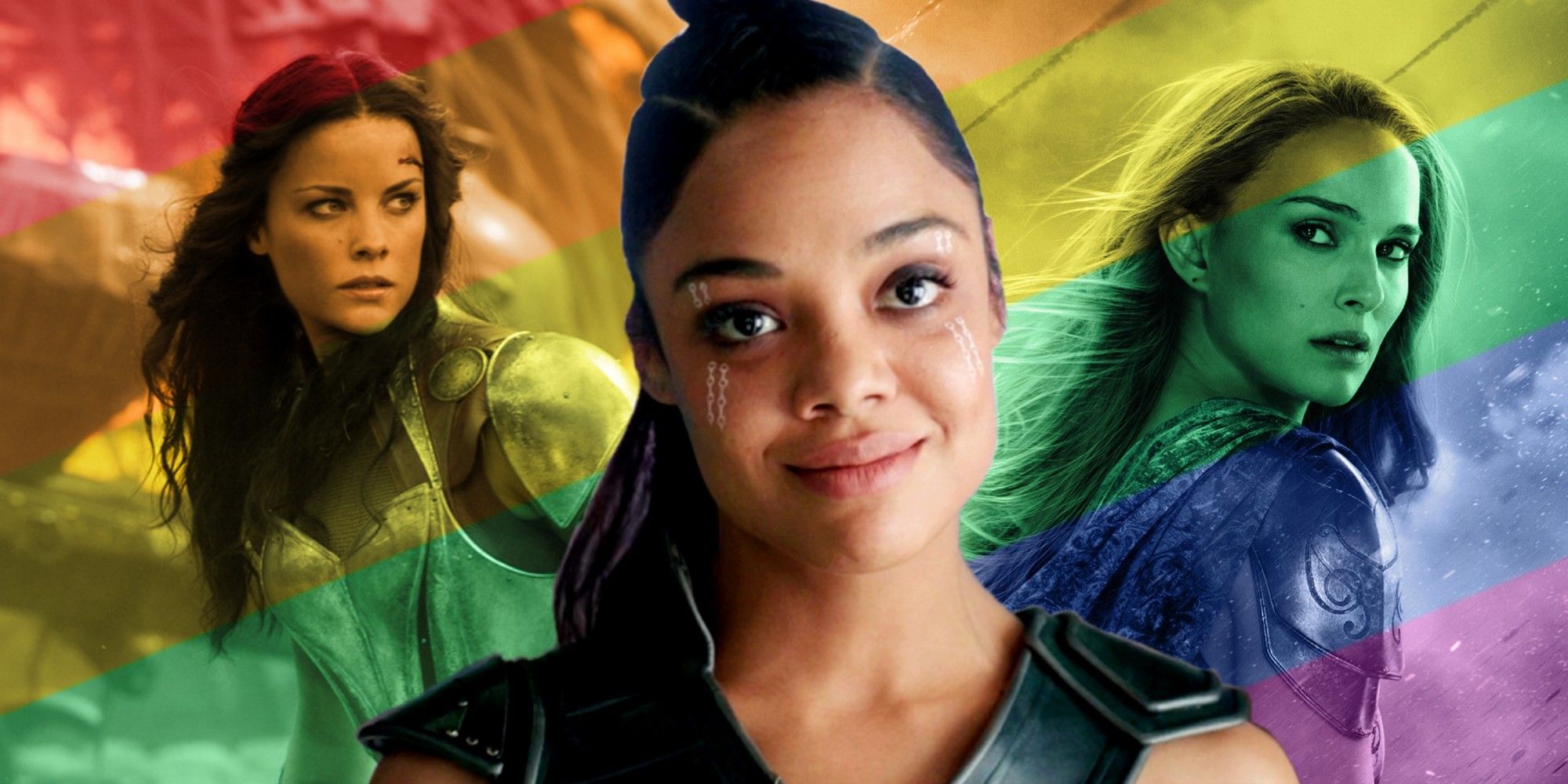 Sif, Valkyrie, and Jane Foster with a rainbow flag overlaid on them