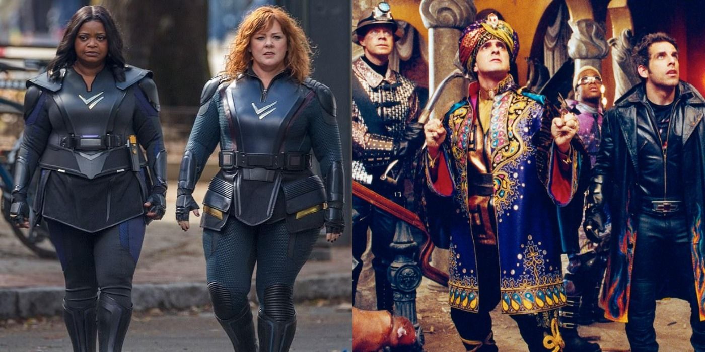 Lydia (Melissa McCarthy) and Emily (Octavia Spencer) in Thunder Force (2021) and The Shoveler (William H Macy), Mr Furious (Ben Stiller) Invisible Boy (Kel Mitchell) and Blue Raja (Hank Azaria) in Mystery Men (1999)
