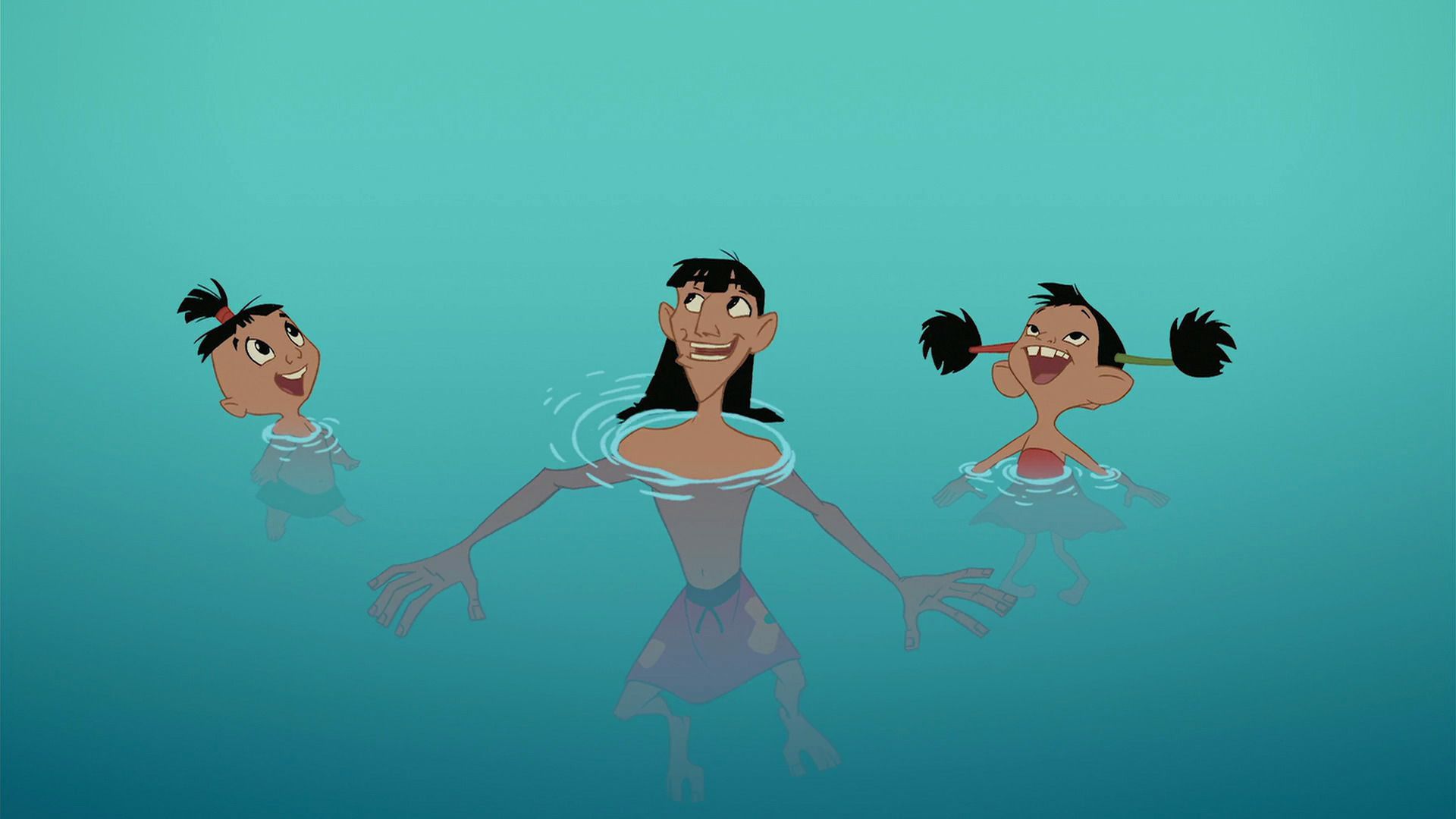 Tipo swimming with Kuzco and his sister Chaca in The Emperor's New Groove