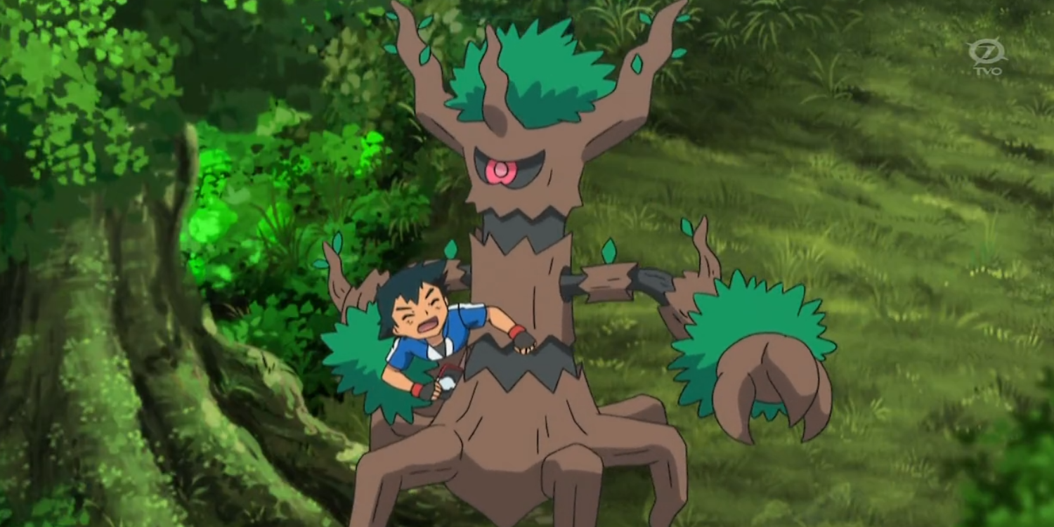 A wild Trevenant kidnaps Ash in the Pokémon anime