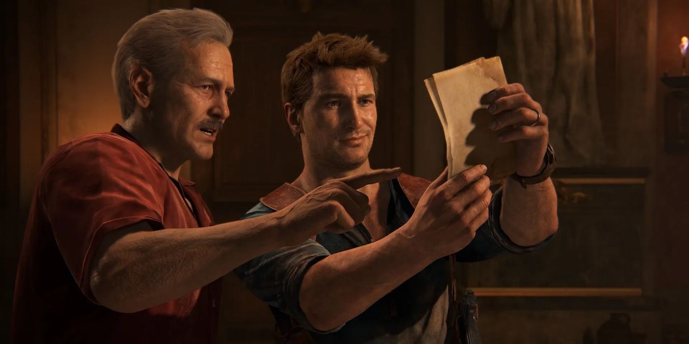 Nate and Sully look at a map in Uncharted 4