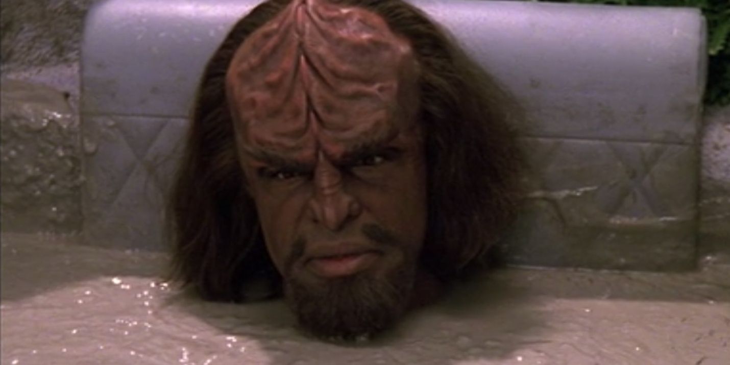 Worf's head visible above a bath