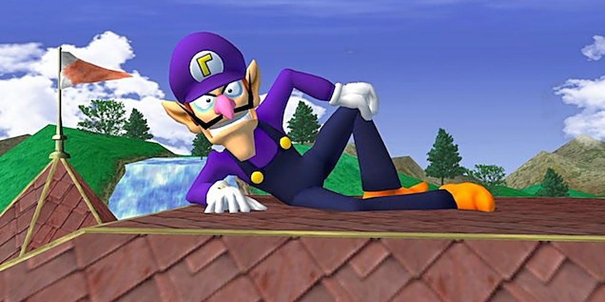Waluigi laying on the roof of Princess Peach's castle