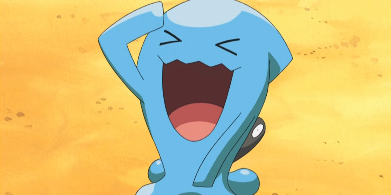 Wobbuffet looking up with one hand on its forehead, as if saluting