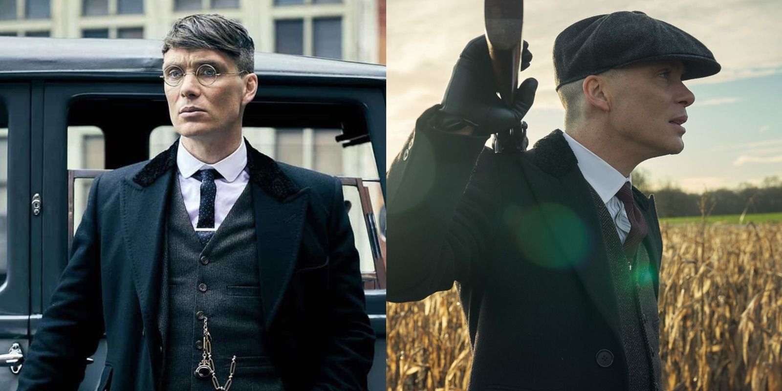 Splt image of Tommy Shelby walking and holding a gun in a field in Peaky Blinders