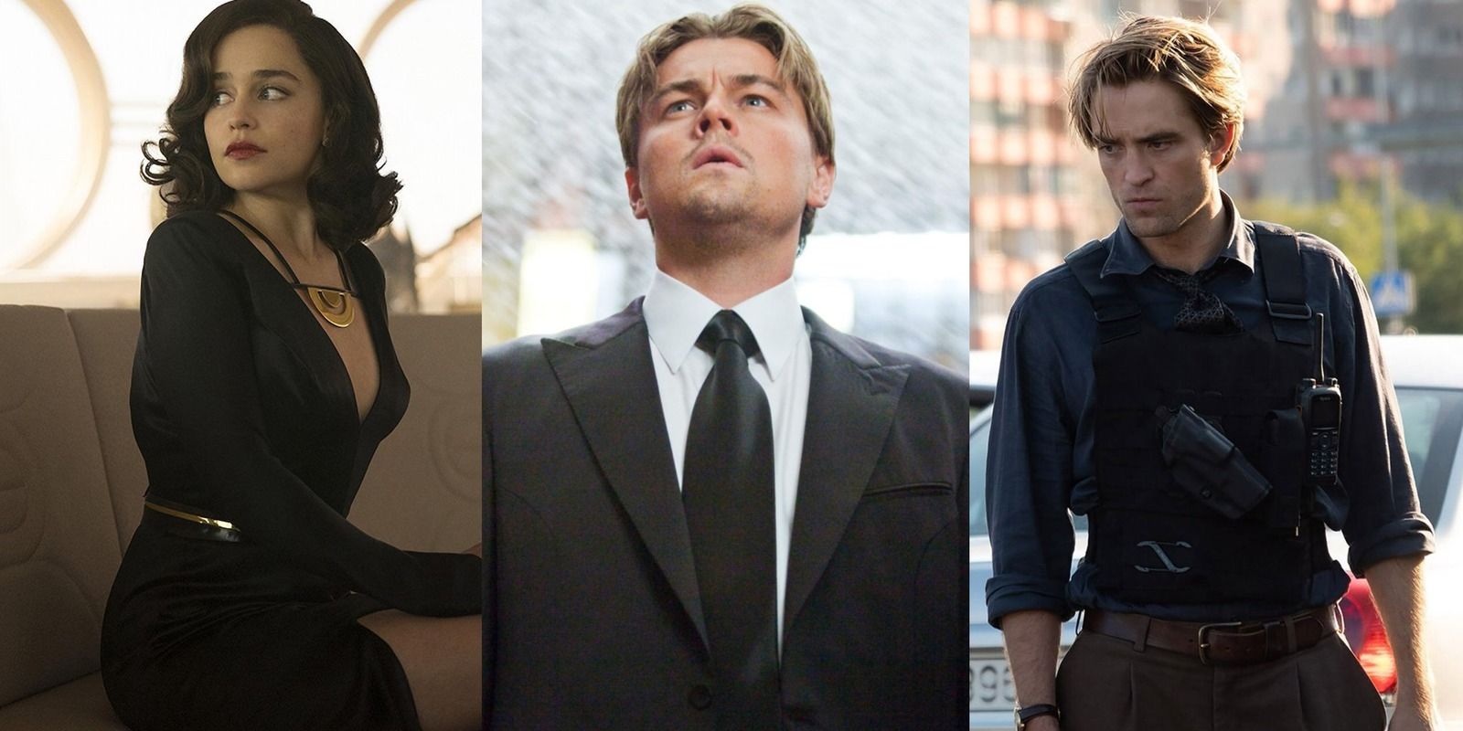 Split image of Emilia Clarke in Solo, Leonardo DiCaprio in Inception, and Robert Pattinson in Tenet