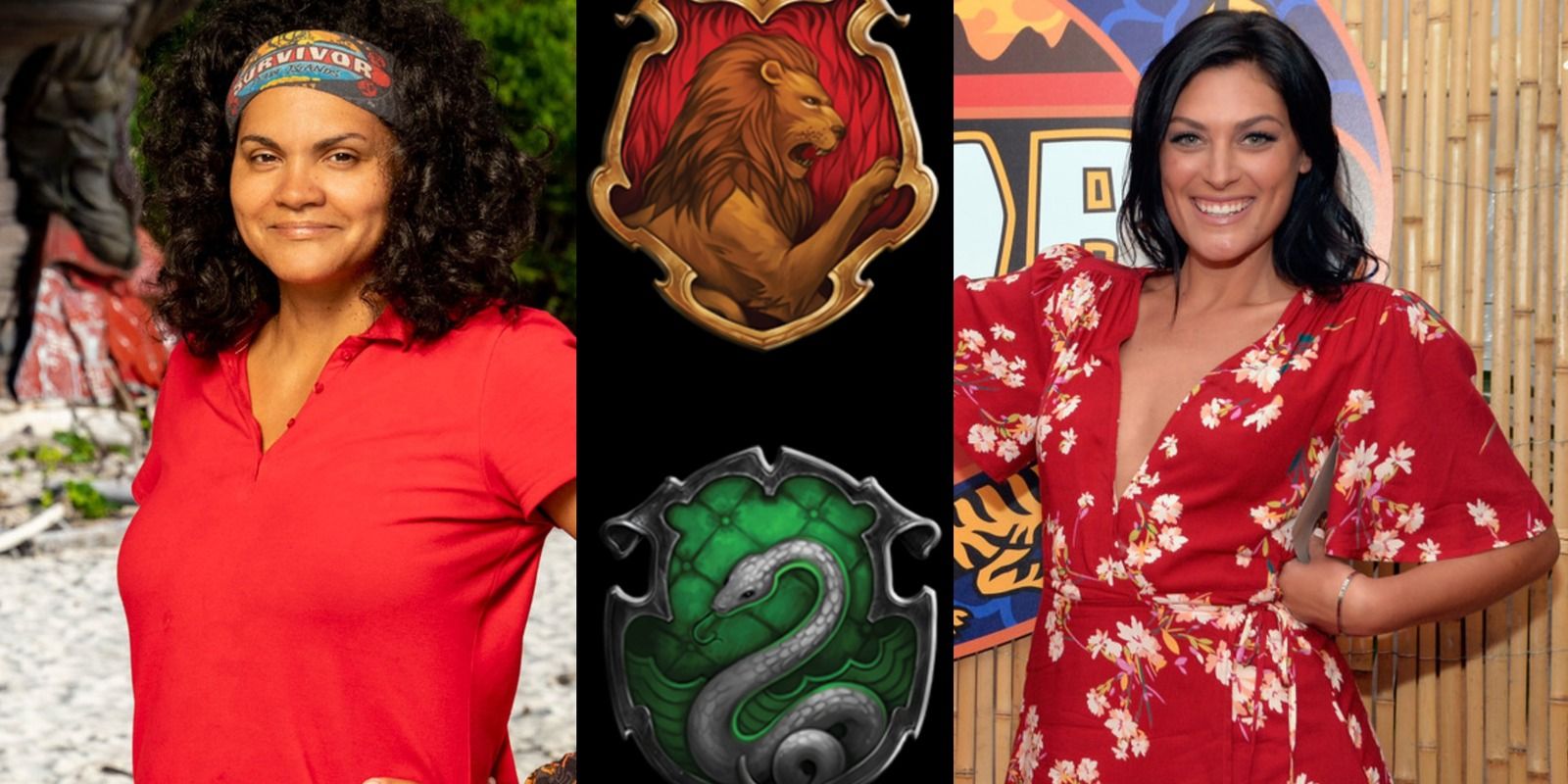 Survivor Winners Sandra Diaz-Twine and Michele Fitzgerald with Gryffindor and Slytherin badges between them