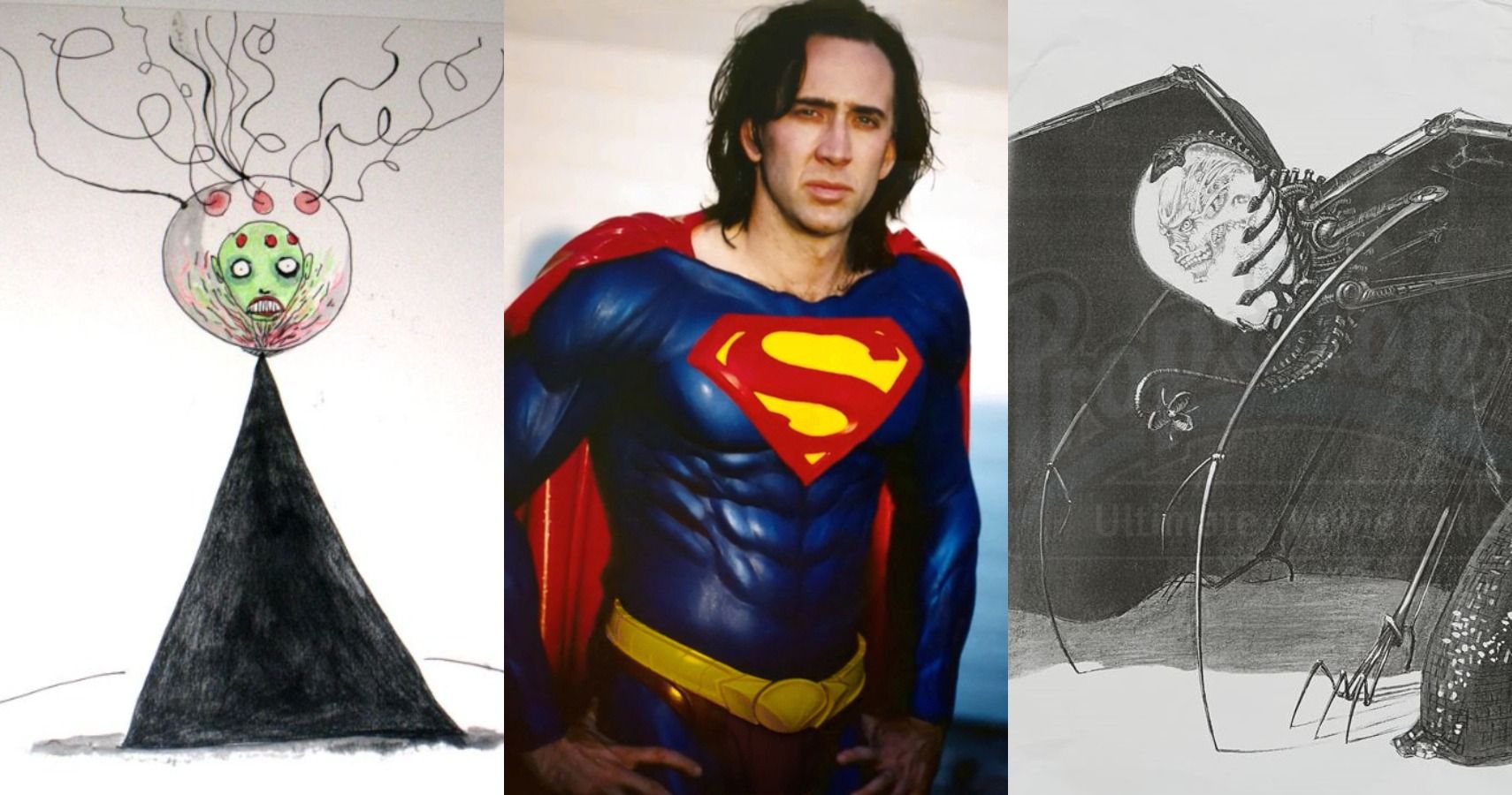 Esboço de Brainiac de Tim Burton, Nic Cage como Superman e como seria Brainiac.