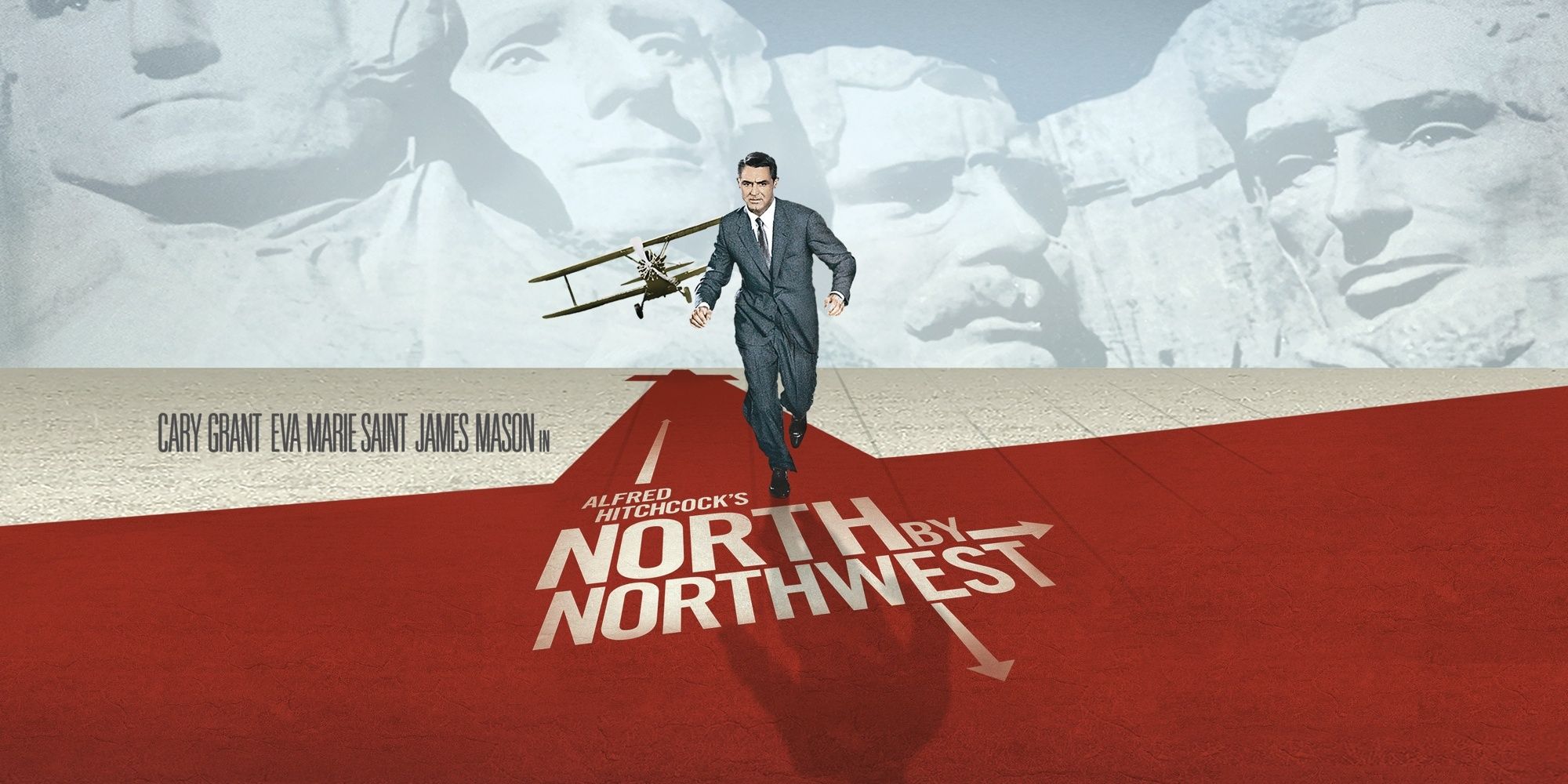 poster for North By Northwest featuring Cary Grant running while being chased by a crop duster plane