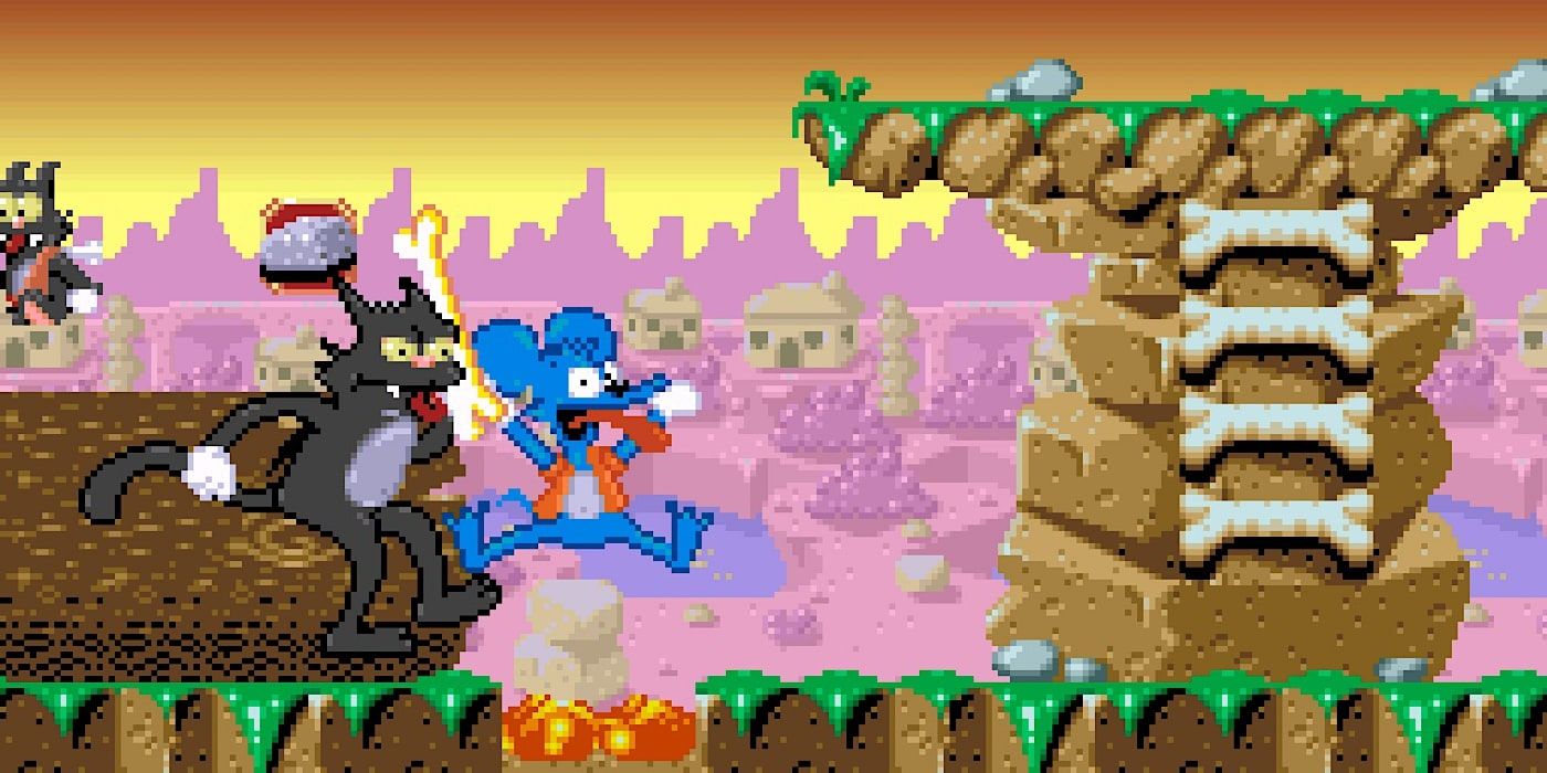 Itchy falls in to a fire pit in Itchy and Scratchy video game
