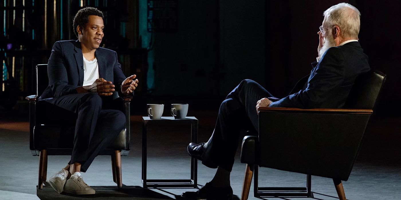 Jay Z and David Letterman speak on stage on My Next Guest Needs No Introduction