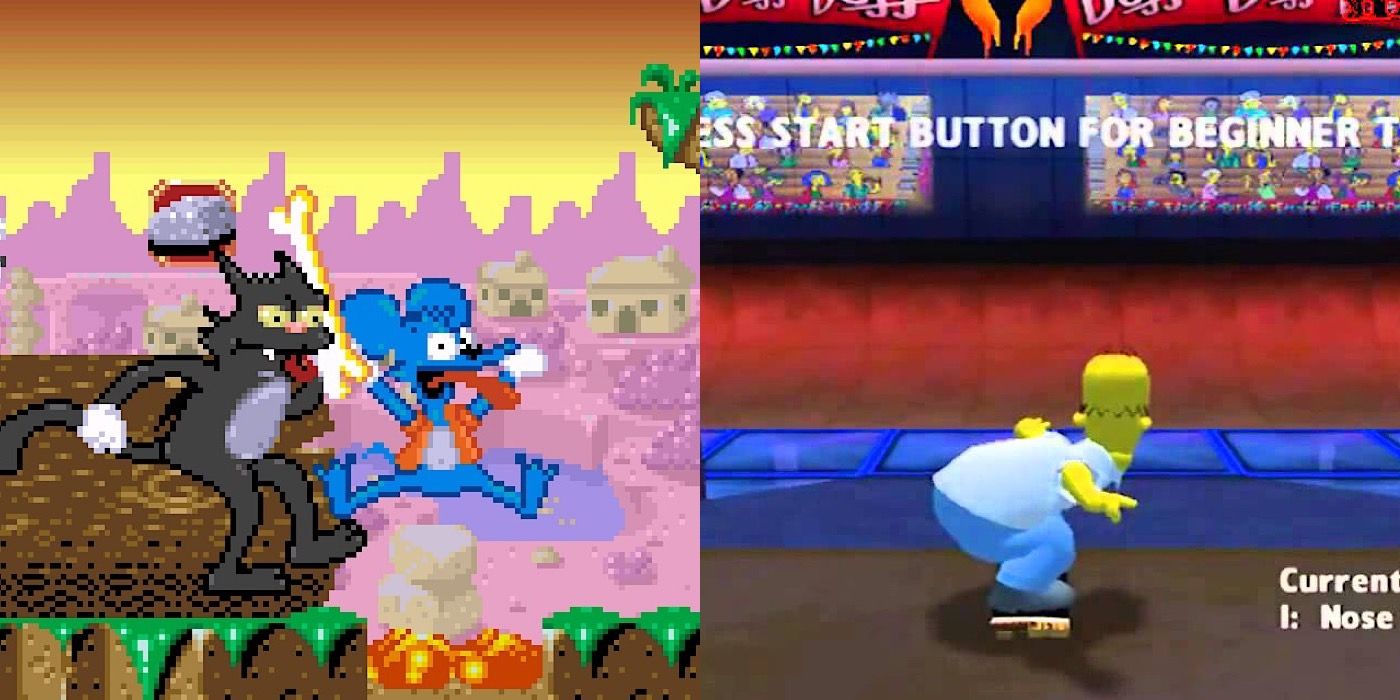 Split image of Itchy & Scratchy game and The Simpsons Skateboarding