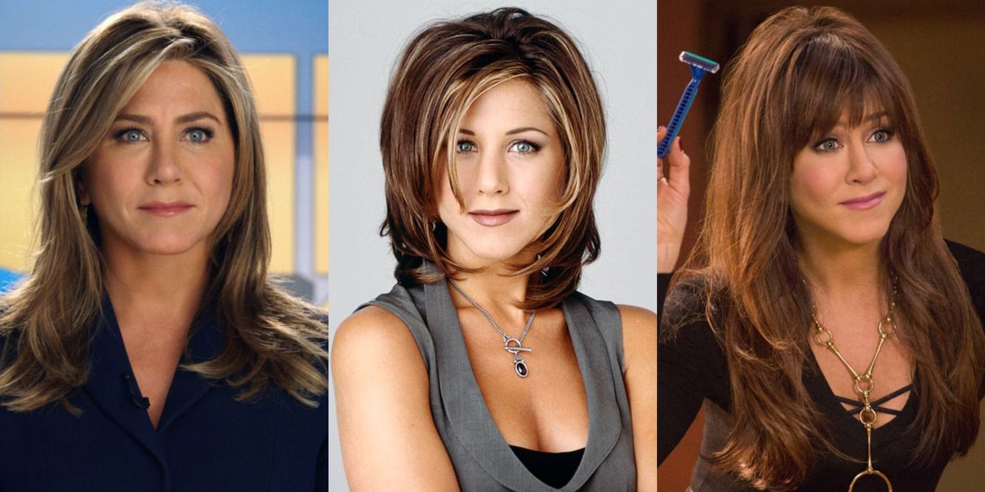 Split iamge of Jennifer Aniston's characters in The Morning Show, Friends and Horrible Bosses