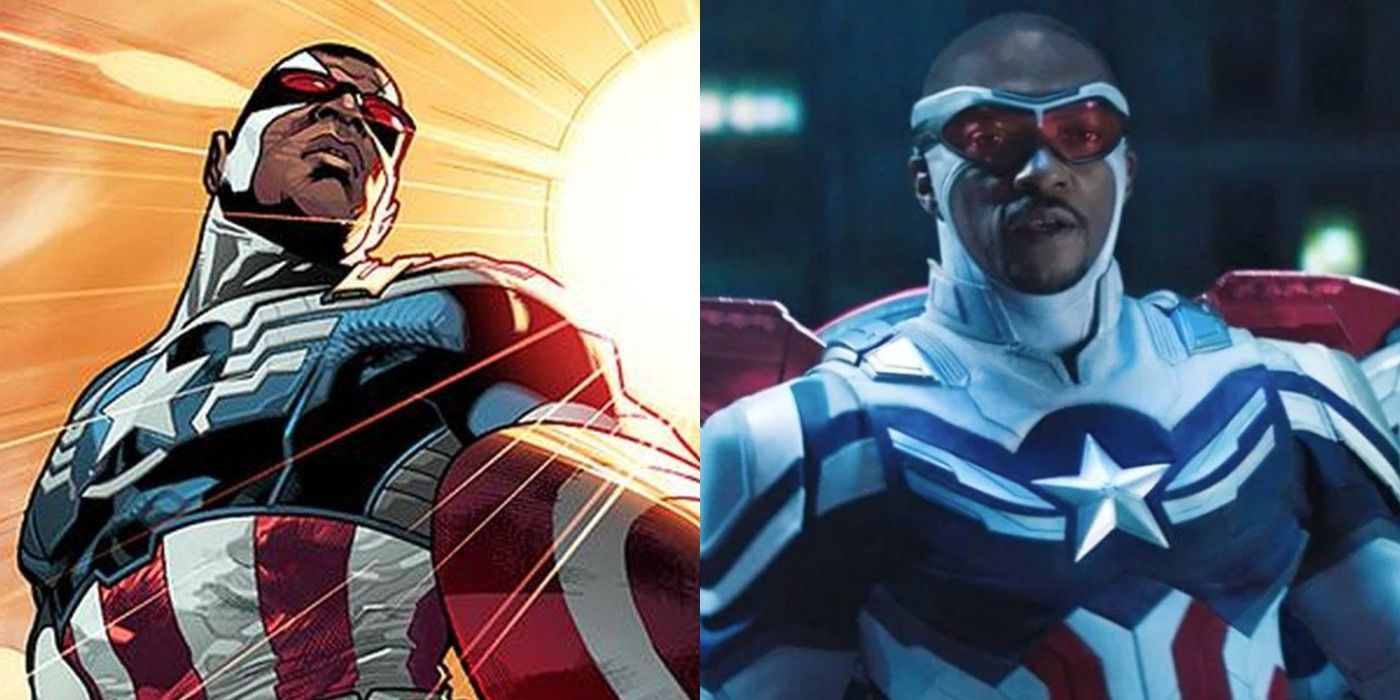Two images of Captain America, on the left from the comics and on the right, from the MCU.