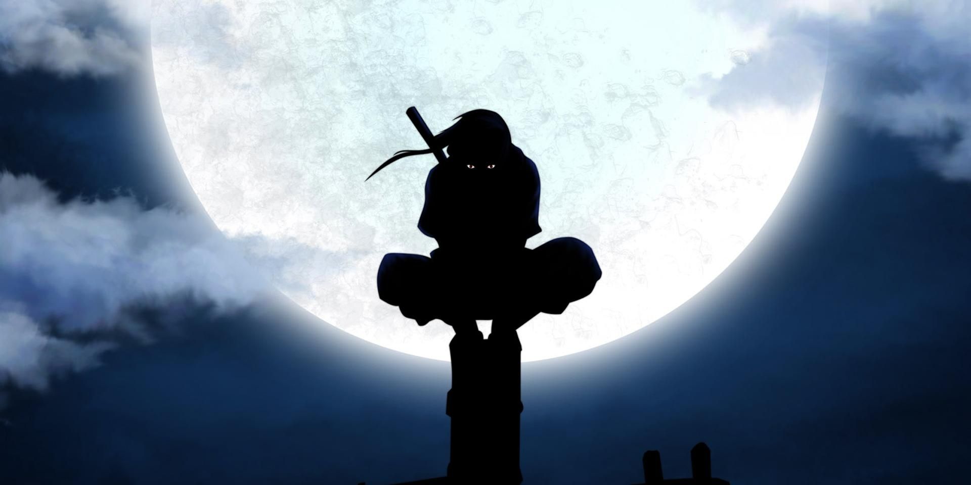 A silhouette of Itachi perched upon a pole in front of a full moon.