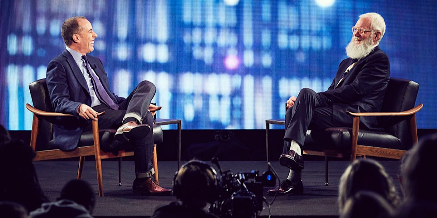 Jerry Seinfeld sits on stage with David Letterman on My Next Guest Needs No Introduction