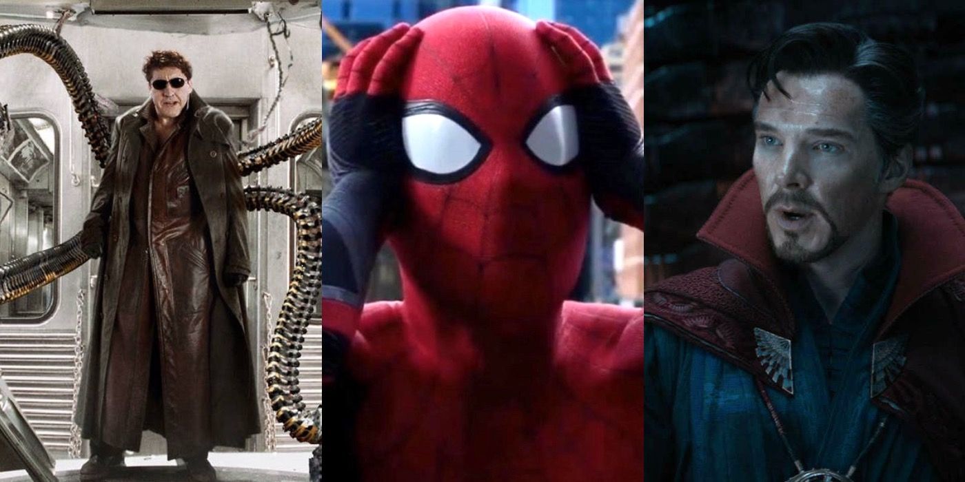 Split image of Doctor Octopus in Spider-Man 2, Spider-Man in Far From Home, and Doctor Strange in Avengers: Infinity War