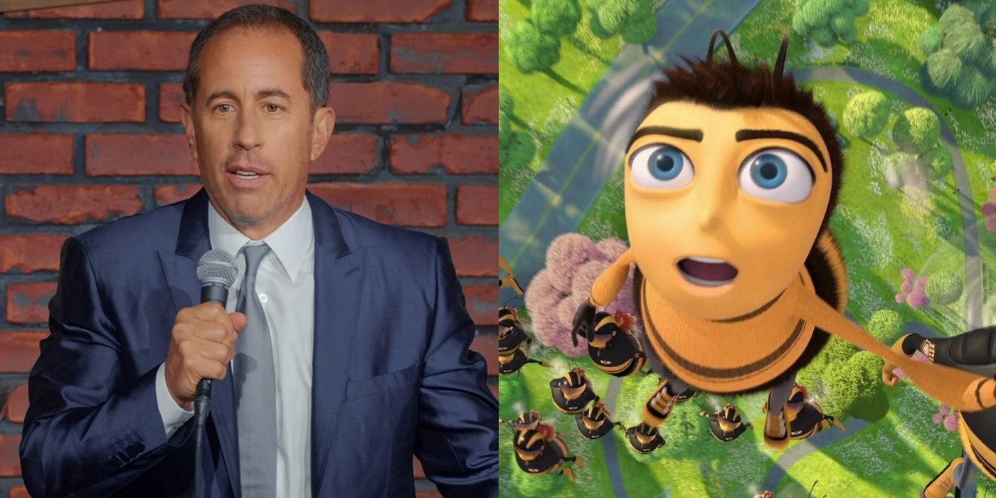 Split image of Jerry Seinfeld doing stand up and Barry in Bee Movie
