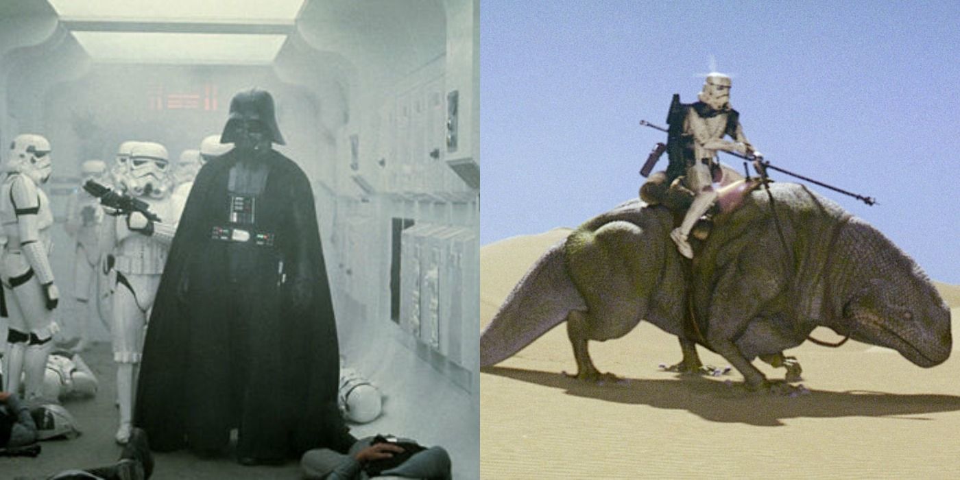 A split image of Darth Vader walking down the corridors and a Stormtrooper riding a beast