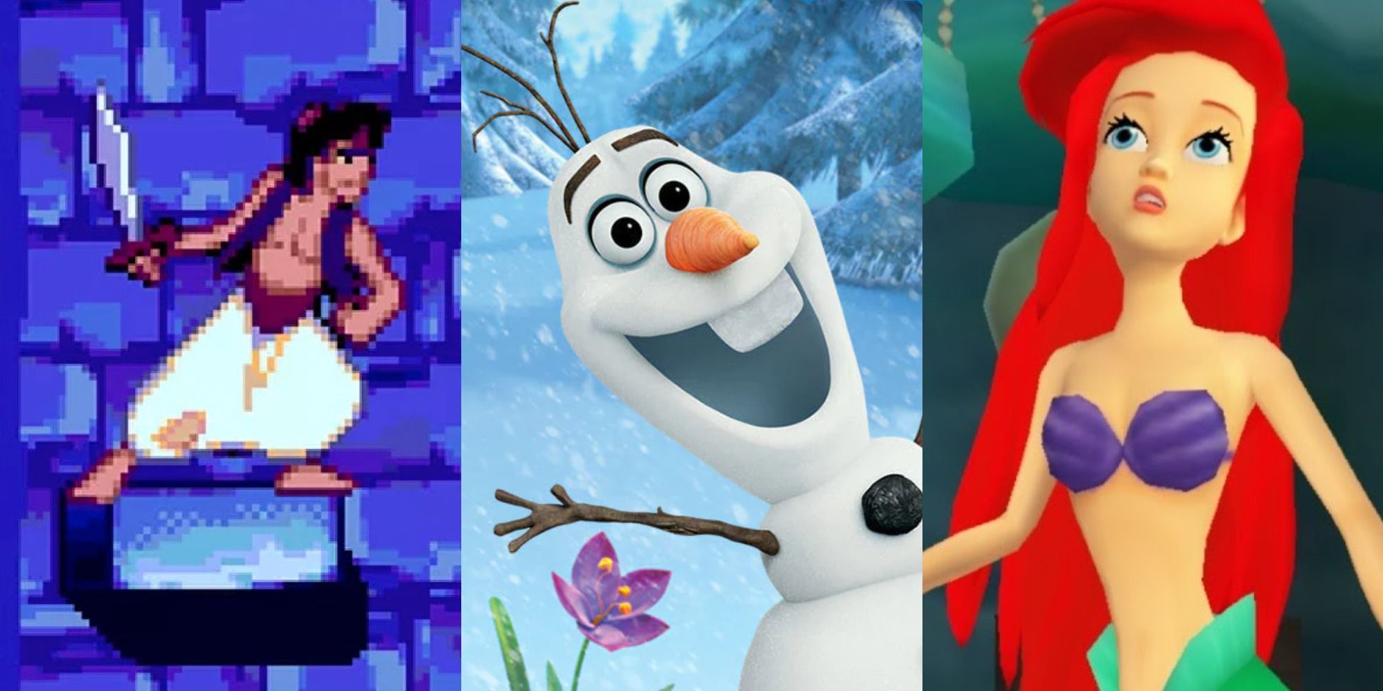 A collage of Aladdin in the Sega Genesis game, Olaf from the cover of Olaf&#8217;s Quest and Ariel from Disney Princess Enchanted Journey