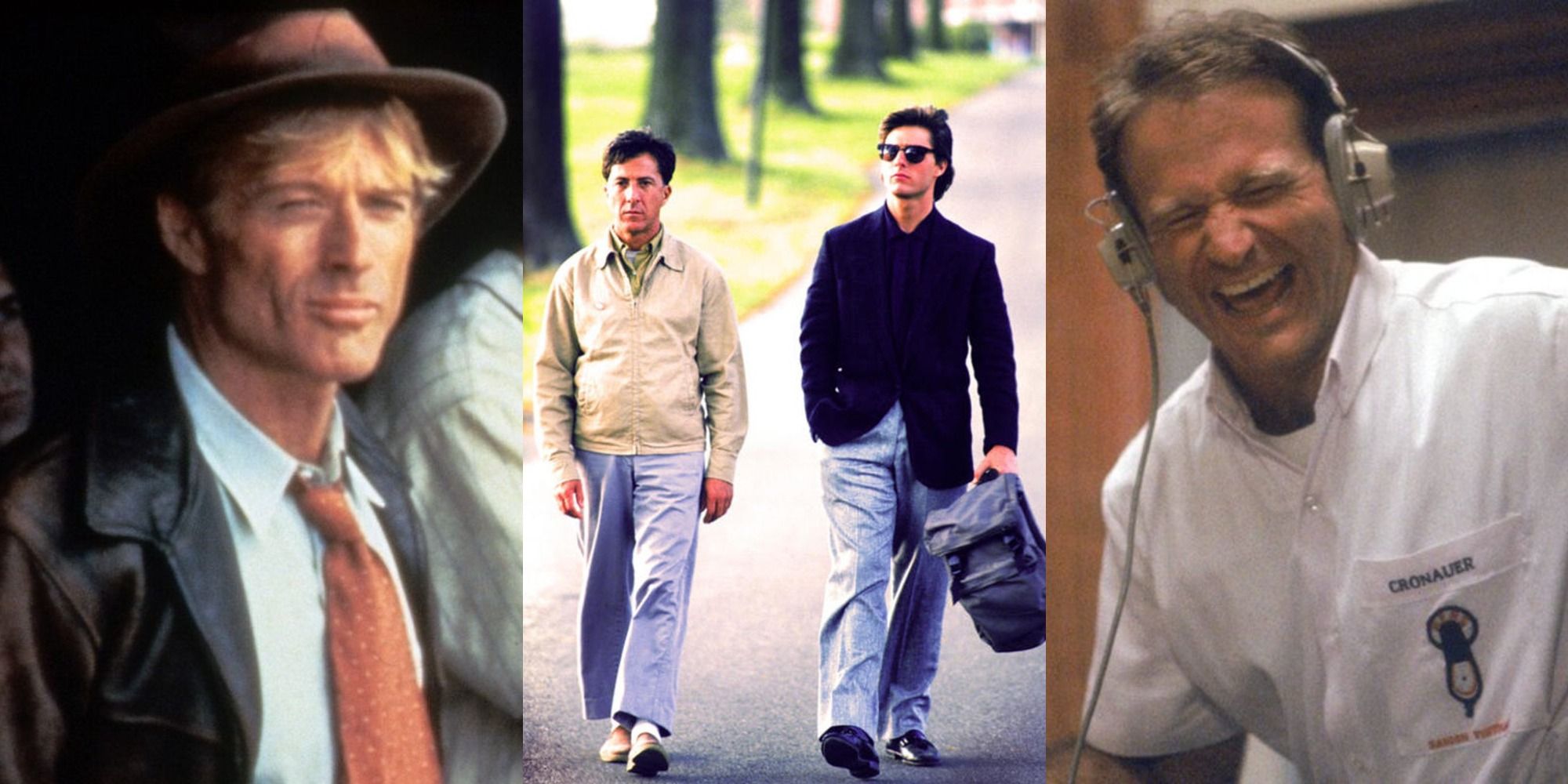 A collage of Robert Redford in The Natural, Dustin Hoffman and Tom Cruise in Rain Man, and Robin Williams in Good Morning Vietnam