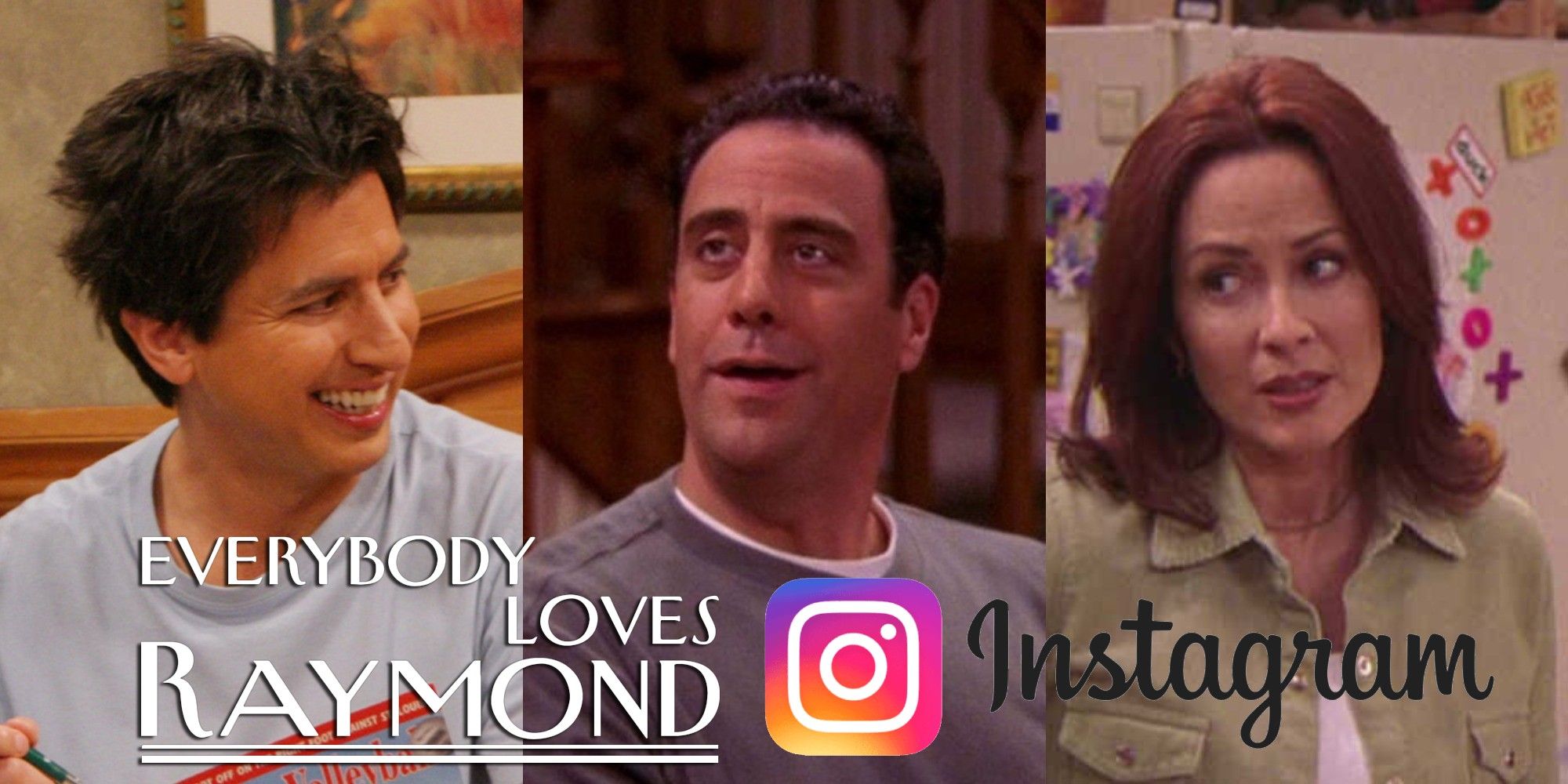 A collage of the faces of Ray Romano, Brad Garrett and Patricia Heaton in Everybody Loves Raymond with logos for the show and Instagram