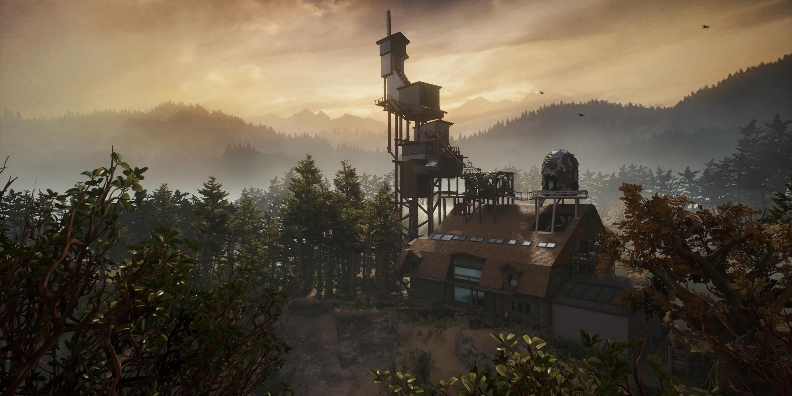 A picture of the run down Finch house from What Remains of Edith Finch in the middle of a forest